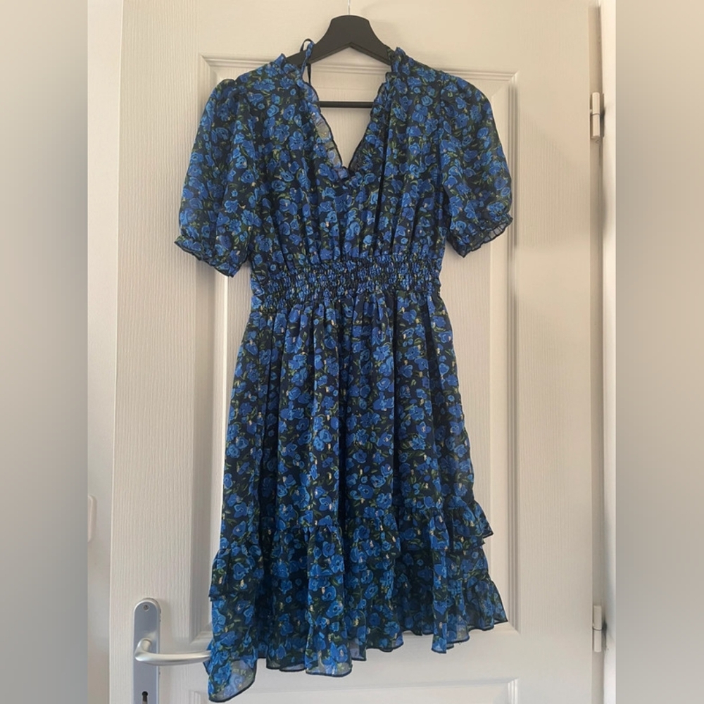 Navy Blue Floral Waist Defined Midi Dress